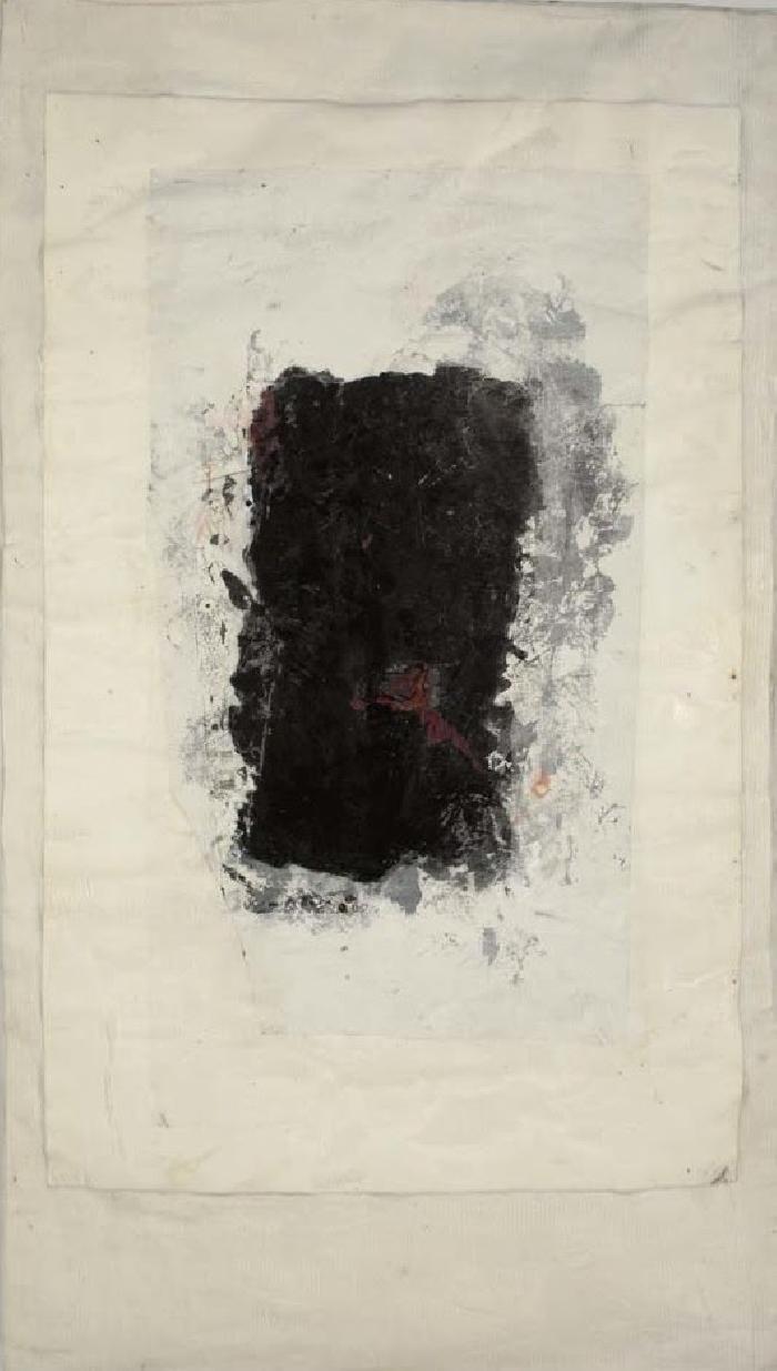 Tombant à la tache - Fallen with stain,  2003, printing ink, Japan paper, Lanaquarelle, on fabric mounted on canvas, 130x76 cm. 